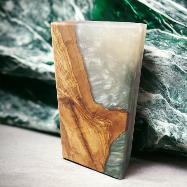 Marble Series Epoxy Resin Olive Wood Custom Made Rolling Tray , Storage Box with Neodiumum Magnets (Green Onyx )