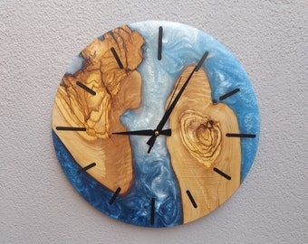 Large Wall Clock, Custom Made Resin & Olive Wood Wall Clock, Epoxy and Wood Wall Clock, Unique Handmade Gift, Christmas Wall Decor,