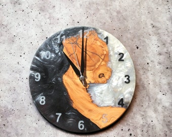 Black and White Resin Wood Wall Decor, Resin & Olive Wood Wall Clock,Wooden Wall Clock,Handmade Wooden Gift,