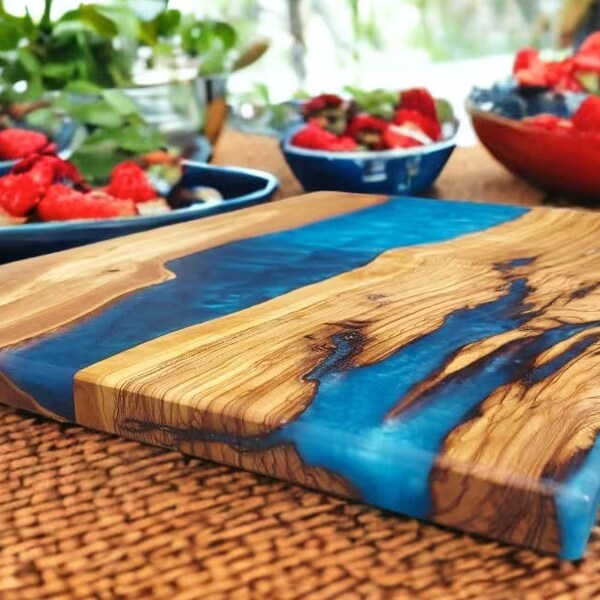 Epoxy Resin River Cutting Board , Epoxy Resin Charcuterie Board - Olive Wood Serving Tray With Free Personalization, Shades Of Blue