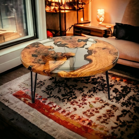 Space Olive Wood Slab Epoxy Table - On Wooden