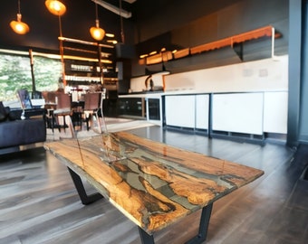 Olive Wood and Clear Epoxy Dining Table, Clear Epoxy Table Top,Epoxy Table Live Edge,Epoxy Table Wood,Resin Table Tops, Clear Resin Table.