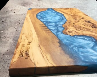 Custom Made Turquoise Epoxy Olive Wood River Cutting Board and Charcuterie Board  With Free Personalization,Counter Top,Table Top