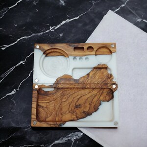 Custom Made White Resin & Olive Wood Rolling Tray, Storage Box with Neodiumum Magnets