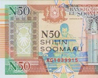 Somalia 50 Shilin Reemplazo, moneda Billete 1991 UNC. Papel Moneda antiguo, Billetes Extranjeros del Mundo, Papel Moneda de Colección. Regalos para él.