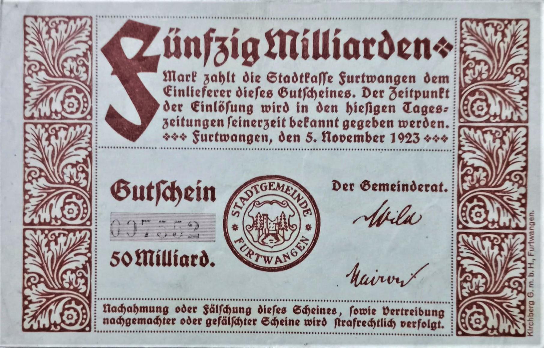 ドイツ ノットゲルト シュタット フルトヴァンゲン 500億マルク 1923