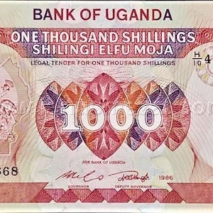 Banconota da 1.000 scellini dell'Uganda del 1986 UNC. Vecchia carta moneta, Banconote del mondo straniero - Collezione di carta moneta. Regali per lui.