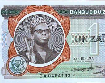 Zaire 1 Zaire. Billete zaireño 1972-1977 XF - papel moneda antiguo. Billetes extranjeros del mundo - Papel moneda de colección. Regalos para él.