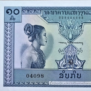 Laos 10 Kip Valuta Banconota 1962 FDS. Vecchia Carta Moneta - Banconote del Mondo Estero - Collezione Carta Moneta. regali per lui.