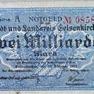 Germany Notgeld Stadt Gelsenkirche 2 Billion Mark 1923 VF-ZF. Notgeld - Altes Papier Geldgeschenk.-,- Geschenke für Ihn.