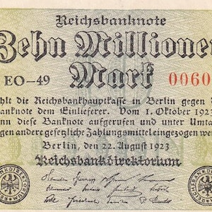 Banconota del Reich tedesco da 10 milioni di marchi del 1923 XF-UNC. Carta moneta - Collezione Vecchia carta moneta. - Valuta estera mondiale/Banconote.