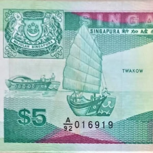Banconota da 5 Dollari Singapore 1988 VF-XF,- vecchia cartamoneta Banconote Mondo Estero - Collezione Cartamoneta.-regali per lui.