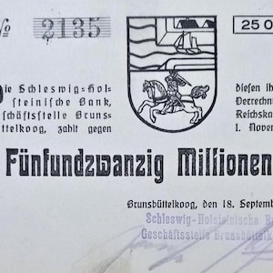 Germany Notgeld Stadt Brunsbüttelkoog 25.000.000 Mark 1923 UNC. Emergency Money - Old Paper Money-Foreign World Currency/Banknotes