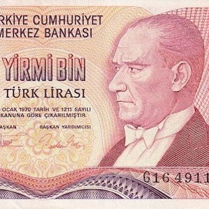 Banconota da 20.000 lire della Turchia, anno 1988-1995 UNC. Vecchia carta moneta, Banconote straniere - Collezione di carta moneta. Regali per lui.