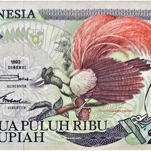 Banconota da 20.000 rupie indonesiane del 1992 XF. - vecchia carta moneta, collezione di banconote straniere, carta moneta. Regali per lui.