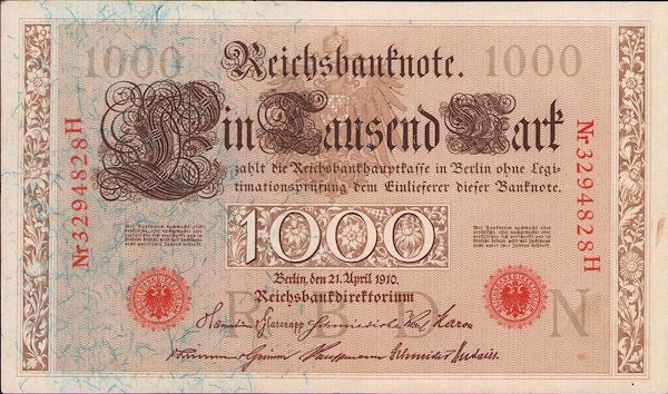 ドイツ帝国紙幣 1,000 マルク紙幣 1910 UNC。 - 古い紙幣、外国の通貨