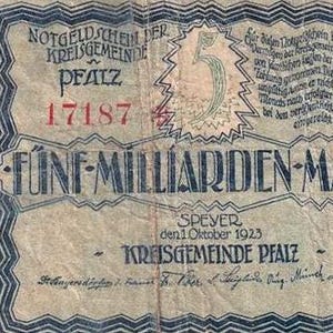 Germania Notgeld Stadtgemeinde Pfalz 5 miliardi di marchi 1923 G,-. Denaro di emergenza - Vecchia carta moneta.-