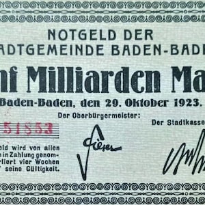 Germania Notgeld Stadtgemeinde Baden Baden 5 miliardi di marchi 1923 BB-XF,-. Denaro di emergenza - Vecchia carta moneta.-