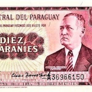Banconota in Paraguay da 10 guarani, banconota del 1952 UNC., carta moneta da collezione di banconote/valuta straniera. regali per lui