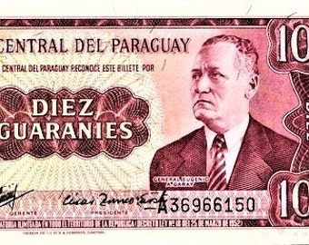 Paraguay 10 Guarani currency Bankote 1952 UNC.- old paper money , Foreign World Currency/Banknotes Collection Paper Money. gifts for him