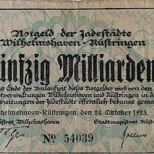 Germany Notgeld Stadt Rüstringen 50 Billion Mark 1923 G,- . Notgeld - Altes Papiergeld.-