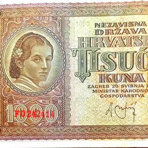 Banconota da 1.000 Kuna della Croazia del 1941 VF, vecchia carta moneta - Banconote straniere - Collezione di carta moneta. Regali per lui