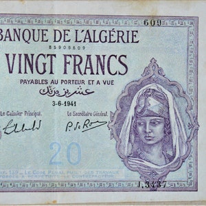 Banconota da 20 Franchi Algeria 1941 BB,- Vecchia Carta Moneta - Banconote Mondo Estero - Collezione Carta Moneta.regali per lui