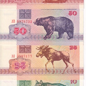 Banconote in valuta bielorussa. 1/10/25/50/50/100 Rublo 6 pezzi. 1992 UNC. vecchia carta moneta, banconote del mondo estero, collezione di carta moneta