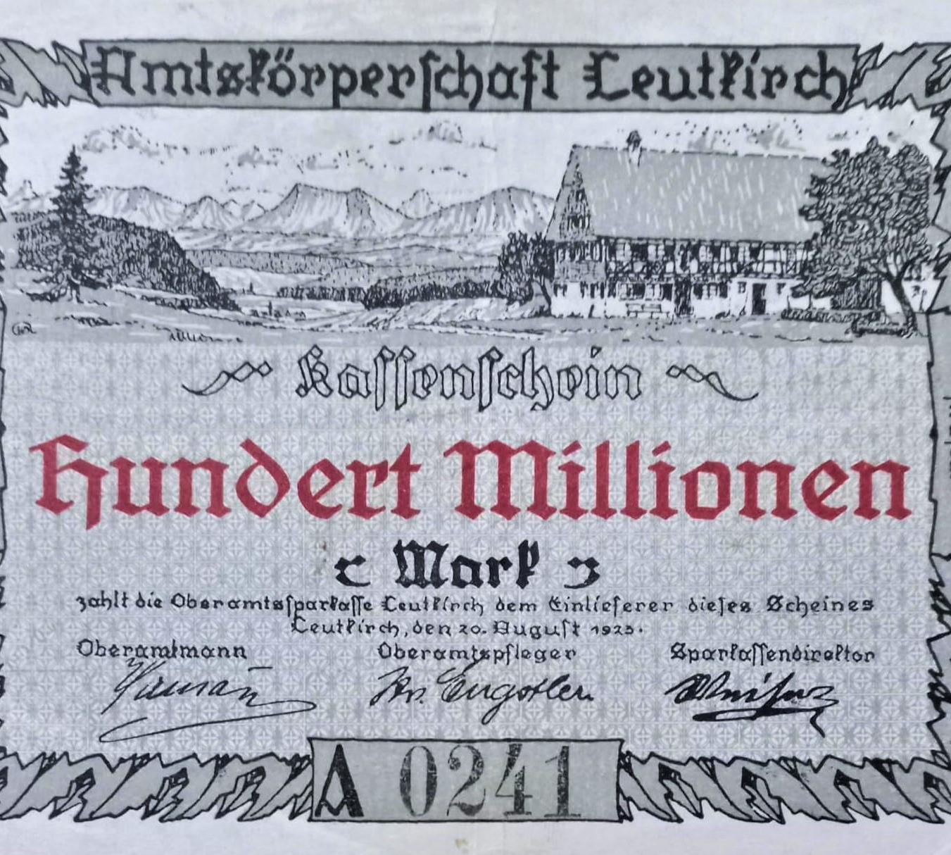 Germany Notgeld Stadt Amtskörperschaft Leutkirch 100 Million Mark 1923 VF-XF. Emergency Money - Old Paper Paper Money.-,- gifts for him.