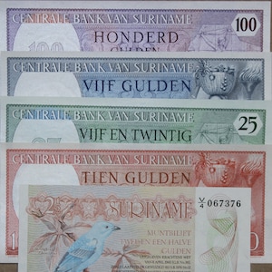 Suriname 2.1/2 /5/10/25/100 Gulden Währung Geldscheine 5 Stück 1963-1985 UNC,- Altes Papiergeld - Ausländische Welt Banknoten- Geschenke für Ihn.
