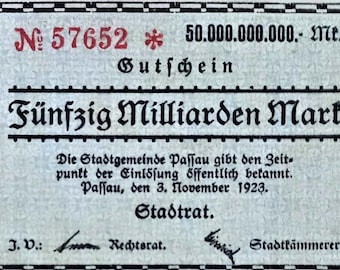 Germany Notgeld Stadt Passau 50 Billion Mark 1923 VF-XF,-. Emergency Money - Old Paper Money.-