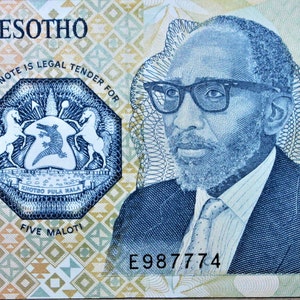 Banconota da 5 Maloti del Lesotho 1989 UNC. - vecchia cartamoneta, banconote del mondo estero - Collezione cartamoneta. regali per lui.