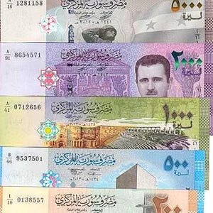 Set di 6 banconote siriane da 50/100/200/500/1.000/5.000 sterline. Valuta, banconote UNC. Vecchia carta moneta - Collezione di carta moneta. Regali per lui.