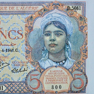 Banconota da 5 franchi Algeria 1941 XF,- vecchia cartamoneta - Banconote Mondo Estero - Collezione Cartamoneta.regali per lui