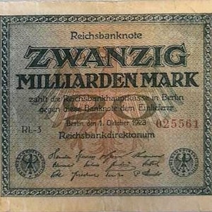 Banconota del Reich tedesco da 20 miliardi di marchi del 1923 G-F, - Vecchia carta moneta - Collezione di carta moneta. - Valuta estera/Banconote. - Regali per lui.