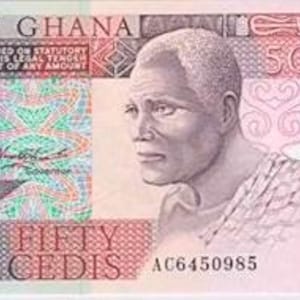 May include: A fifty cedis banknote from Ghana. The bill features a portrait of a man on the right side and intricate patterns on the left. The text "OF GHANA" and "FIFTY CEDIS" are visible, along with the number "50".