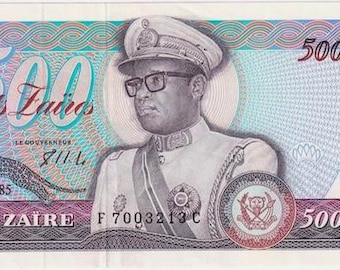 Zaire 500 Zaires Moneda Zaireña. Billetes 1982-1985 XF-SC. Papel moneda antiguo, Billetes Extranjeros del Mundo - Colección Papel Moneda. Regalo de él.