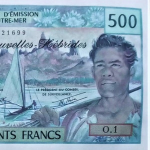 Neue Hebriden 500 Francs Währung Banknote 1979 UNC, altes Papiergeld.- Ausländische Welt Banknotensammlung Papiergeld. Geschenke für Ihn.