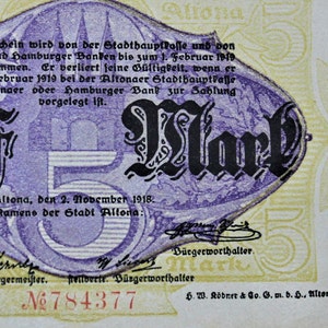 Germany Notgeld Stadt Hamburg Altona 5 Mark 1918 UNC The house where Wilhelm Busch was born. Emergency Money - Old Paper Money.-