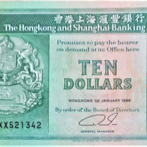 Banconota da 10 dollari di Hong Kong 1989 XF. vecchia Carta Moneta - Banconote Mondo Estero - Collezione Carta Moneta.regalo per lui.