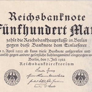 Banconota del Reich tedesco da 500 marchi del 1922 XF-UNC. Carta moneta - Collezione Vecchia carta moneta. - Valuta estera/Banconote.