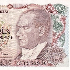Banconota da 5.000 lire della Turchia del 1990 UNC. Vecchia carta moneta, banconote straniere - Collezione di carta moneta.Regali per lui.