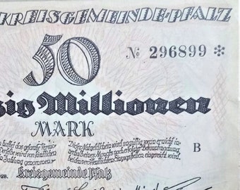 Germany Notgeld Kreisgemeinde Pfalz 50 Millionen Mark 1923 XF. Emergency Money - Old Paper Money.- Foreign World Currency/Banknotes.