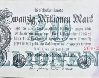 May include: A historical German Reichsbanknote, with the words "Zwanzig Millionen Mark" prominently displayed. The note is inscribed in German, with the date "25. Juli 1923" and a red stamp marked "26p-279".