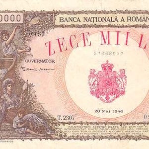 Banconota da 10.000 Lei della Romania del 1946 VF. - vecchia carta moneta, Banconote straniere - Collezione di carta moneta - regali per lui.