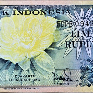 Indonesien 5 Rupiah Währung Banknote 1959 UNC.- altes Papiergeld Ausländische Welt Banknoten Sammlung Papiergeld. Geschenke für Ihn.