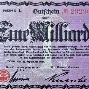 Germania Notgeld Stadt Bonn 1 miliardo di marchi 1923 VF-XF,-. Denaro di emergenza - Vecchia carta moneta.-