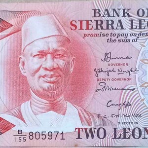 Banconota da 2 Leoni della Sierra Leone del 1985 XF. Vecchia carta moneta, banconote straniere - Collezione di carta moneta, regali per lui.