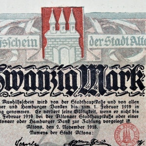 Germany Notgeld Stadt Hamburg Altona 20 Mark 1918 UNC The house where Wilhelm Busch was born. Emergency Money - Old Paper Money.-