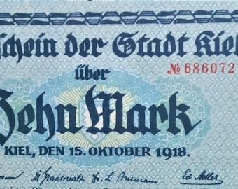 Germany Notgeld Stadt Kiel 10 Mark 1918 UNC The house where Wilhelm Busch was born. Emergency Money - Old Paper Money.-